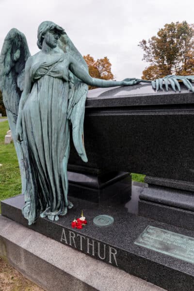 A close look at the statue of sarcophagus that marks President Chester Arthur's grave in Albany Rural Cemetery in New York.