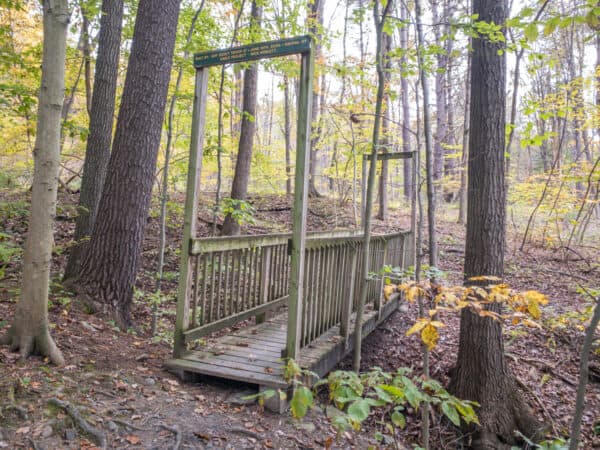 Wooden bridge on the Blue Trail at the Hannacroix Creek Preserve in Greene County New York