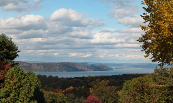View of the Hudson River and the mountains beyond it from the back porch of Kykuit near Sleepy Hollow, NY