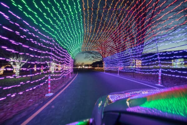 Car driving through light tunnel at the Broome County Festival of Lights in Binghamton, NY