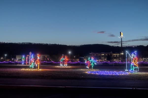Wide view of the Christmas displays at the Broome County Festival of Lights in Binghamton NY