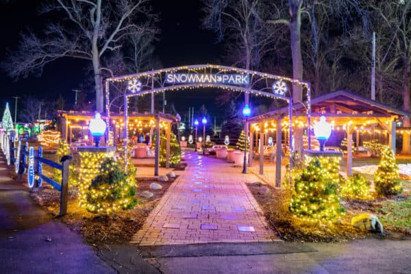 Entrance to a seating area filled with lights at the Festival of Lights in Erie County NY