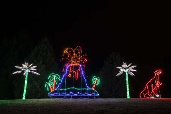 Erupting volcano and dinosaur display at ROC Lights in the Finger Lakes