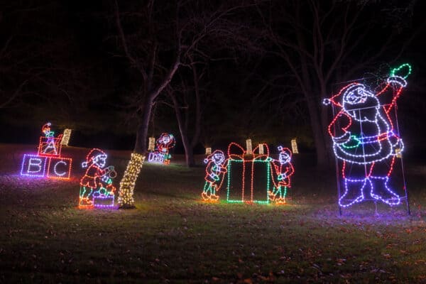 Santa and his elves in lights at ROC Lights at Victor Hills near Rochester New York
