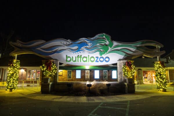 The entrance to the Buffalo Zoo lit up for Zoo Lights at Christmastime.