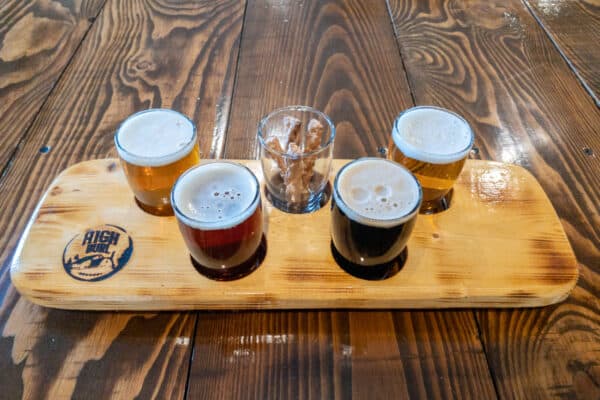 Flight of beers with pretzels at High Burl Brewery near Cooperstown, New York