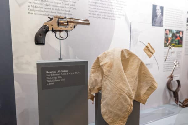 The gun and handkerchief used in the assassination of President William McKinley on display at the Buffalo History Museum in NY