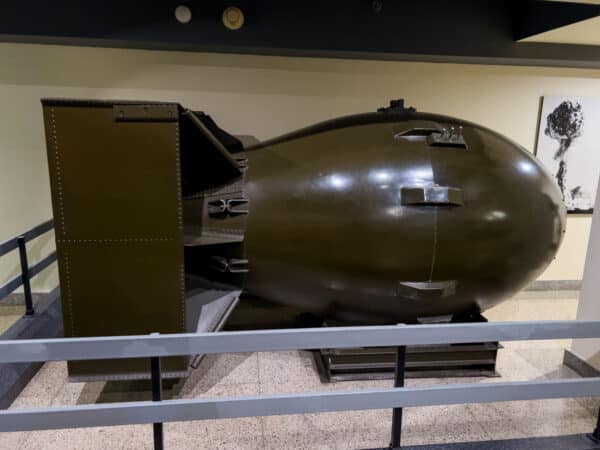 The case that carried the Fat Boy nuclear bomb on display at the West Point Museum in New York.