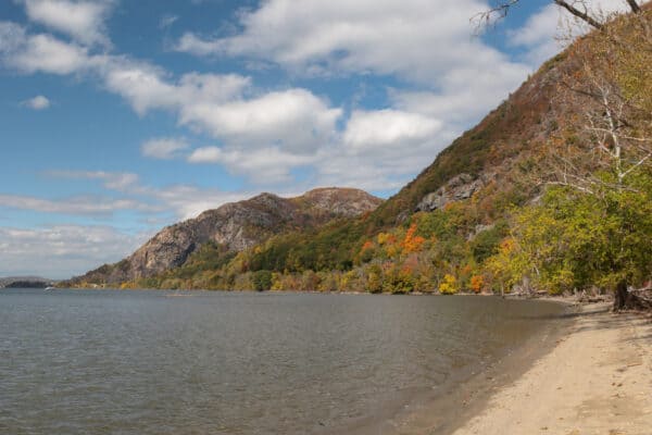 Beach with the Hudson River and Mountains in the background at Little Stony Point near Cold Spring NY