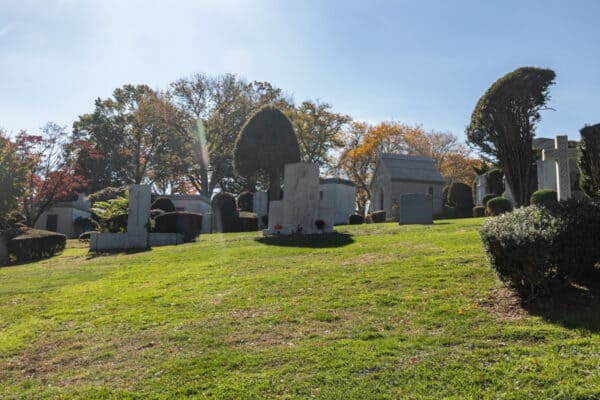 View of Babe Ruth's grave from the closest roadway in Gate of Heaven Cemetery in Hawthorne, NY