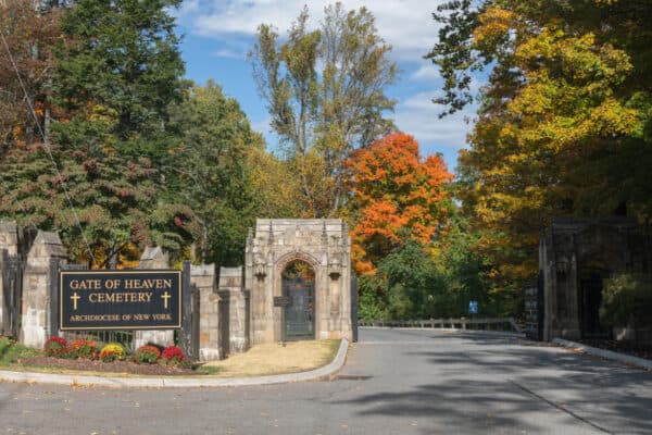 One of the entrances to Gate of Heaven Cemetery in Hawthorne, New York