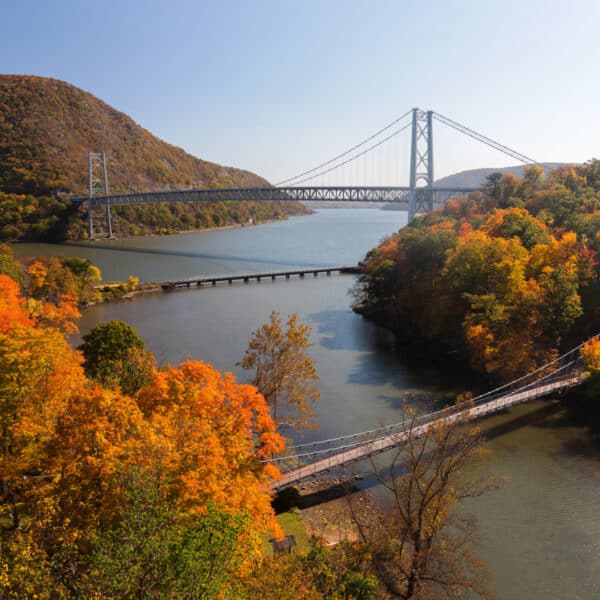 Fall foliage around the Bear Mountain Bridge and the Hudson River