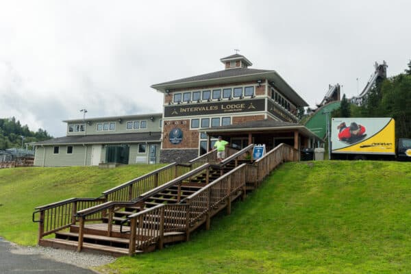 The Intervals Base Lodge at the Lake Placid Olympic Ski Jumping Complex in the Adirondacks.