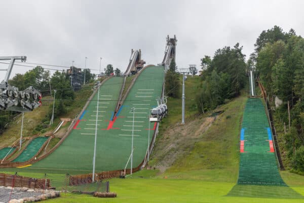 The two hills at the Olympic Ski Jumping Complex in Lake Placid NY