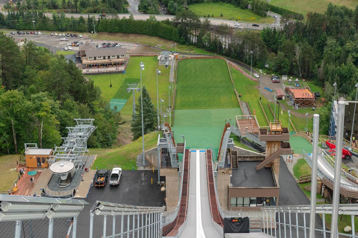 The view from the top of the hill at the Olympic Ski Jumping Complex in Lake Placid, NY
