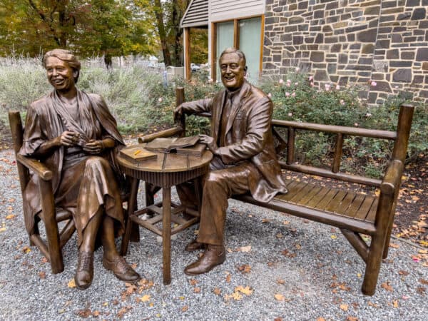 A statue of Franklin and Eleanor Roosevelt outside the Franklin D Roosevelt Presidential Museum in New York