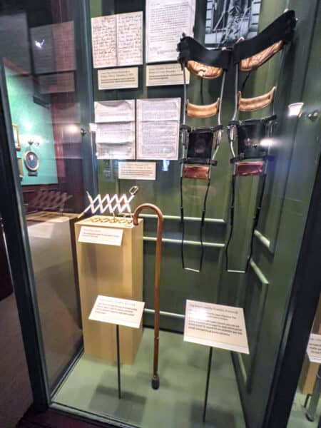 FDR's leg braces and can on display at the Franklin D. Roosevelt Presidential Library and Museum in the Hudson Valley.