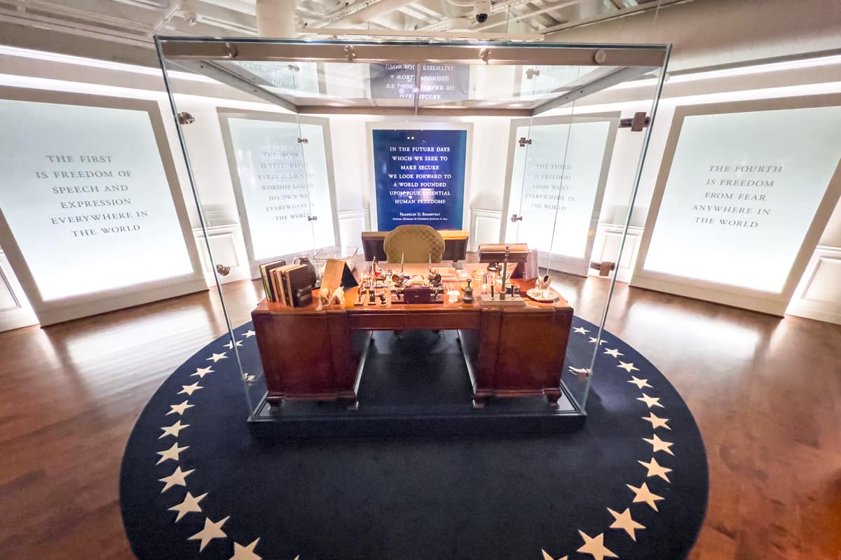 Oval Office desk inside a glass container in the Franklin D Roosevelt Presidential Library and Museum in Hyde Park New York