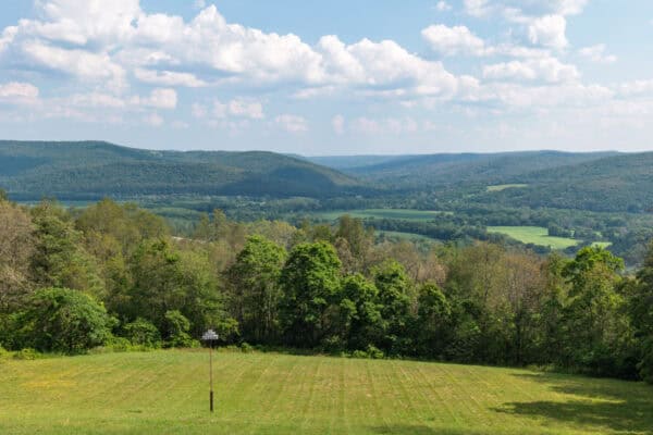 View of the trees and hills from the observation deck at Newtown Battlefield State Park near Elmira, New York