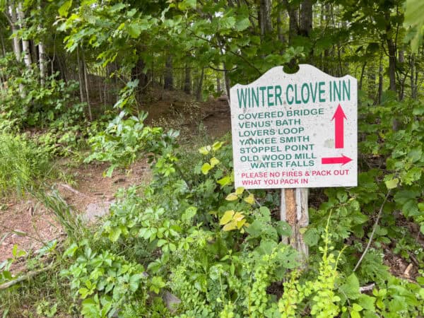 The sign at the trailhead for Alfred Clark Covered Bridge and Artist Falls in Greene County NY