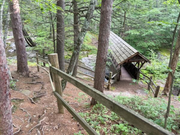 Steep wooded trail to Alfred Clark Covered Bridge in the Catskills.