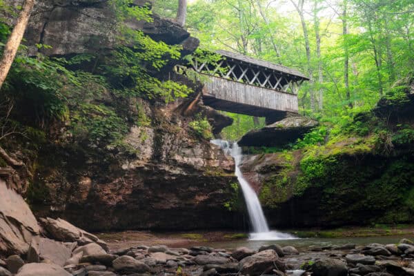 Covered bridge over Artist Falls in the Catskills of New York