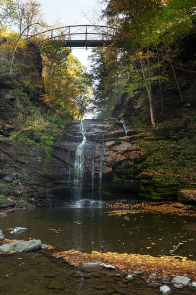 Rexford Falls in Sherburne NY falls into a tree surrounded hollow