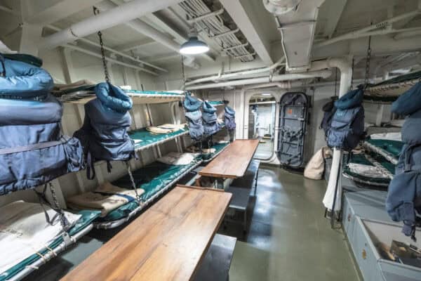 Bunks and tables below deck in the USS Slater in Albany, New York