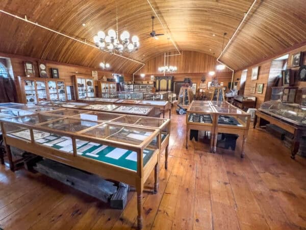 Cases full of items on display in the Old Stone Fort Museum in Schoharie New York